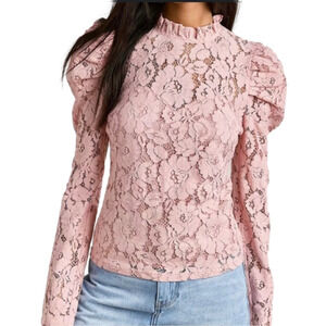 Vici Blush Pink Lace Overlay Blouse with Puff Long Sleeve